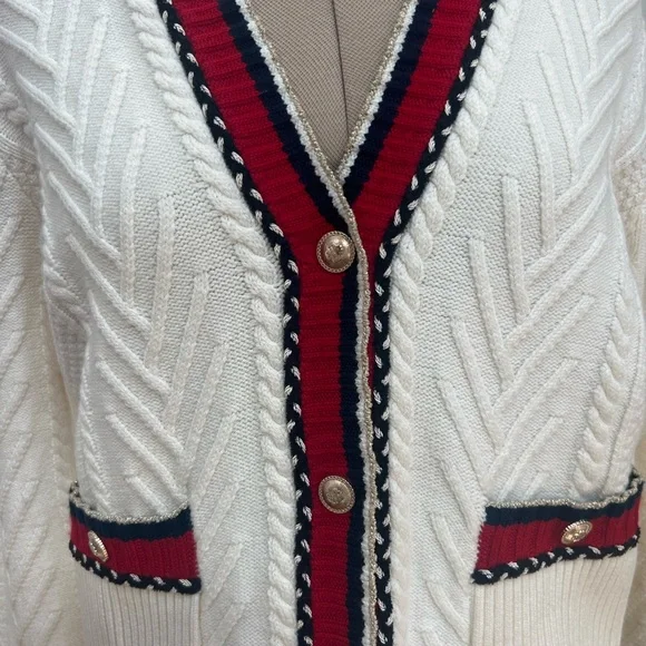 New Maje White Cardigan with Red and Black Trim Wool L - Picture 2 of 8